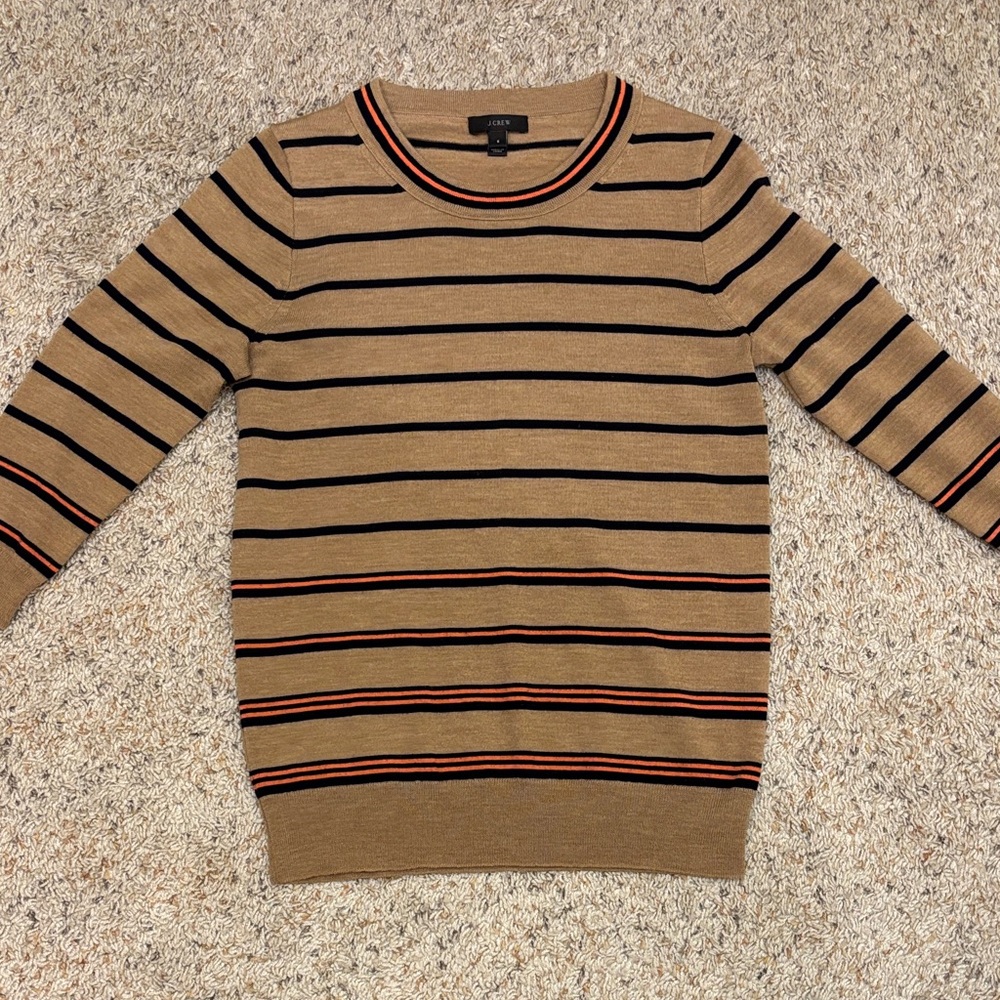 J. Crew Tan and Black Striped Crewneck Sweater